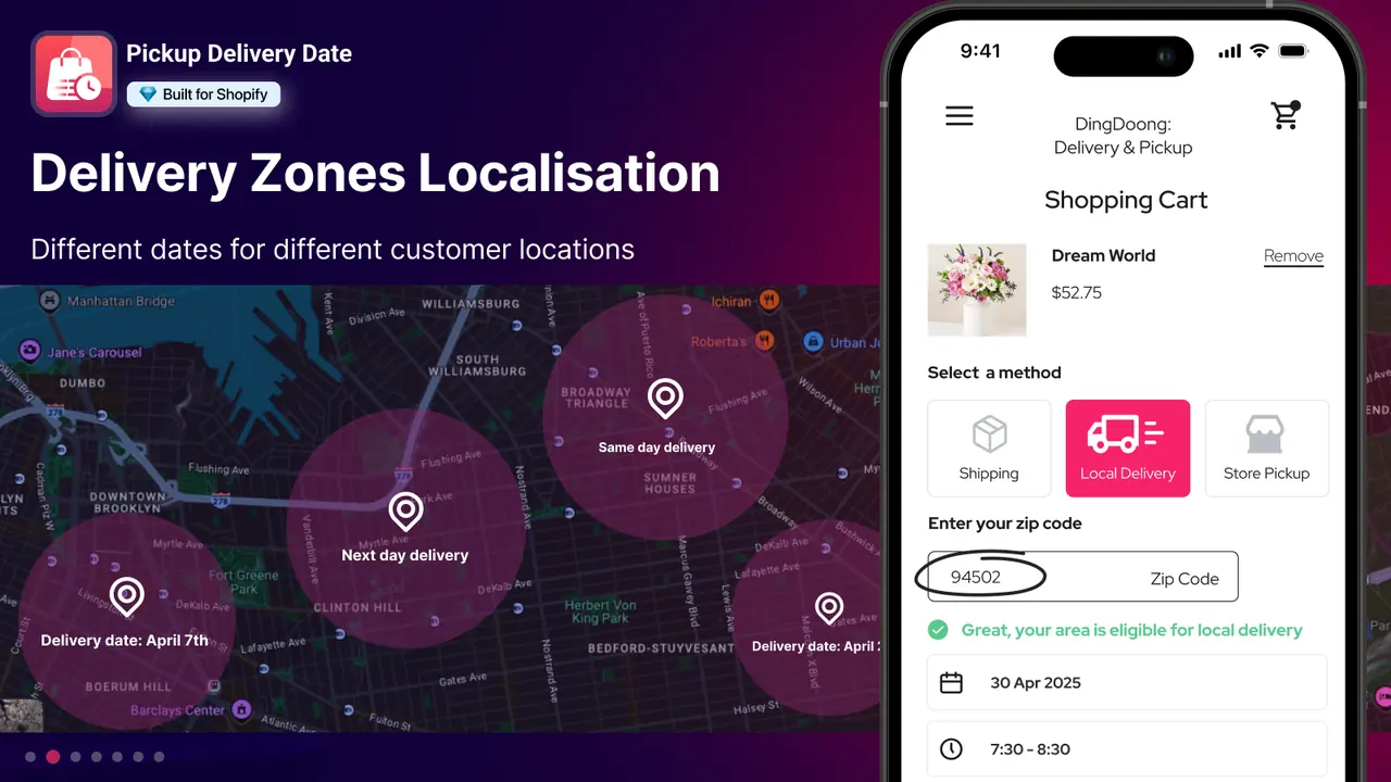 DingDoong delivery date picker: delivery zones on a map and a cart with local delivery selected