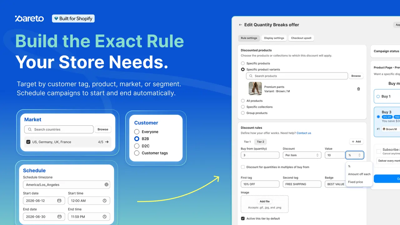 Pareto Quantity Breaks merchant admin: targeting, discount tiers, and a storefront preview